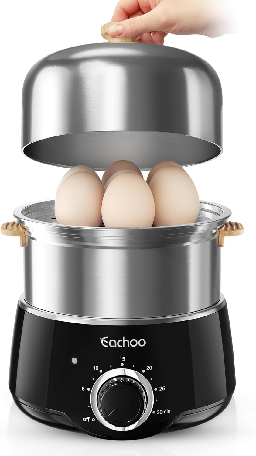 Hard Boiled Egg Cooker - CACHOO 14-Egg Rapid Stainless Steel Egg Boiler with 30-Min Timer & Auto Shut Off, Compact Electric Vegetable Steamer for Cooking, Dishwasher Safe, Black