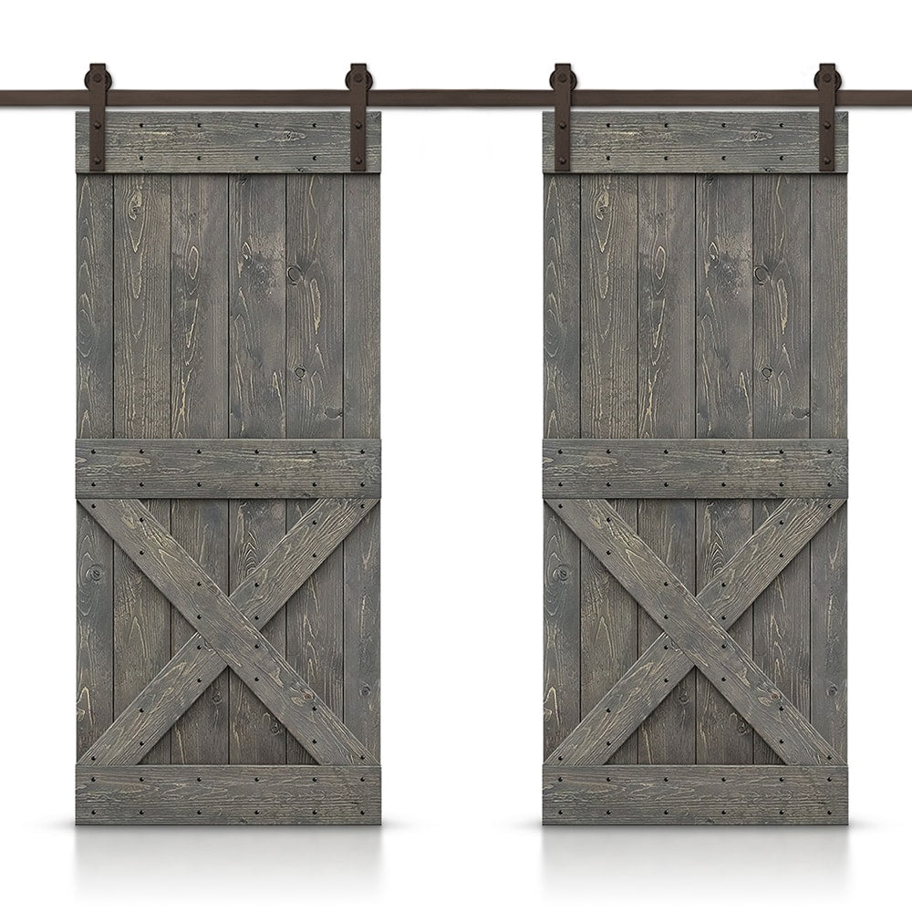 CALHOME 72-in x 84-in Weather gray Pine Wood Solid core Double Barn Door (Hardware Included)