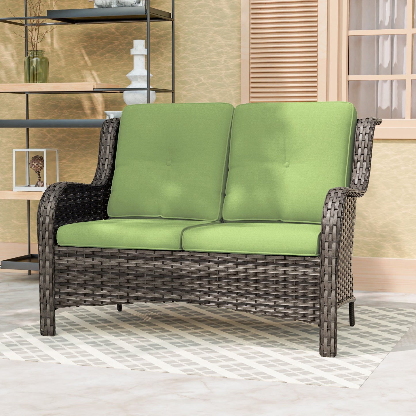 Gardenbee Wicker Furniture Wicker Outdoor Loveseat with Green Cushions and Steel Frame