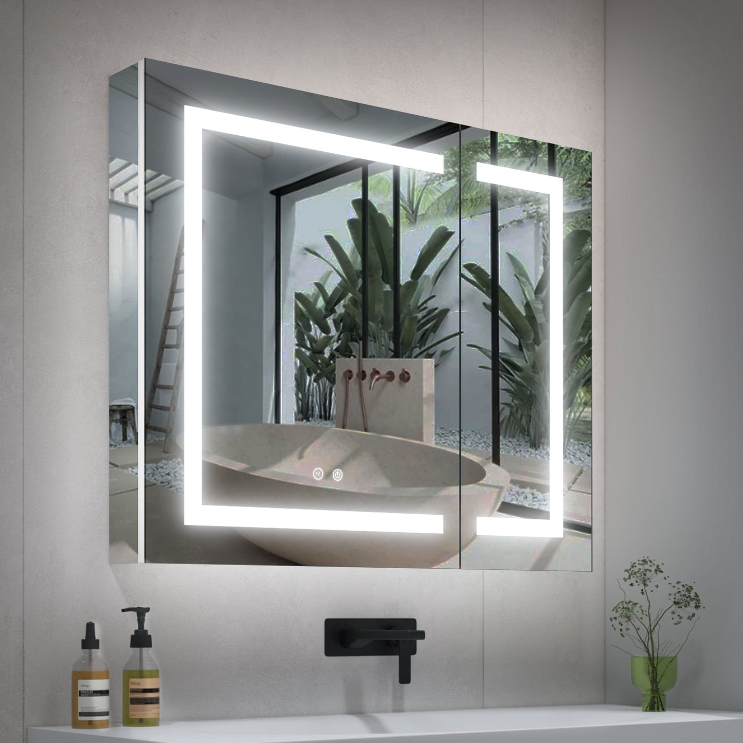 Forclover 36-in x 30-in Lighted LED Fog Free Surface/Recessed Mount Silver Mirrored Rectangle Soft Close Medicine Cabinet with Outlet