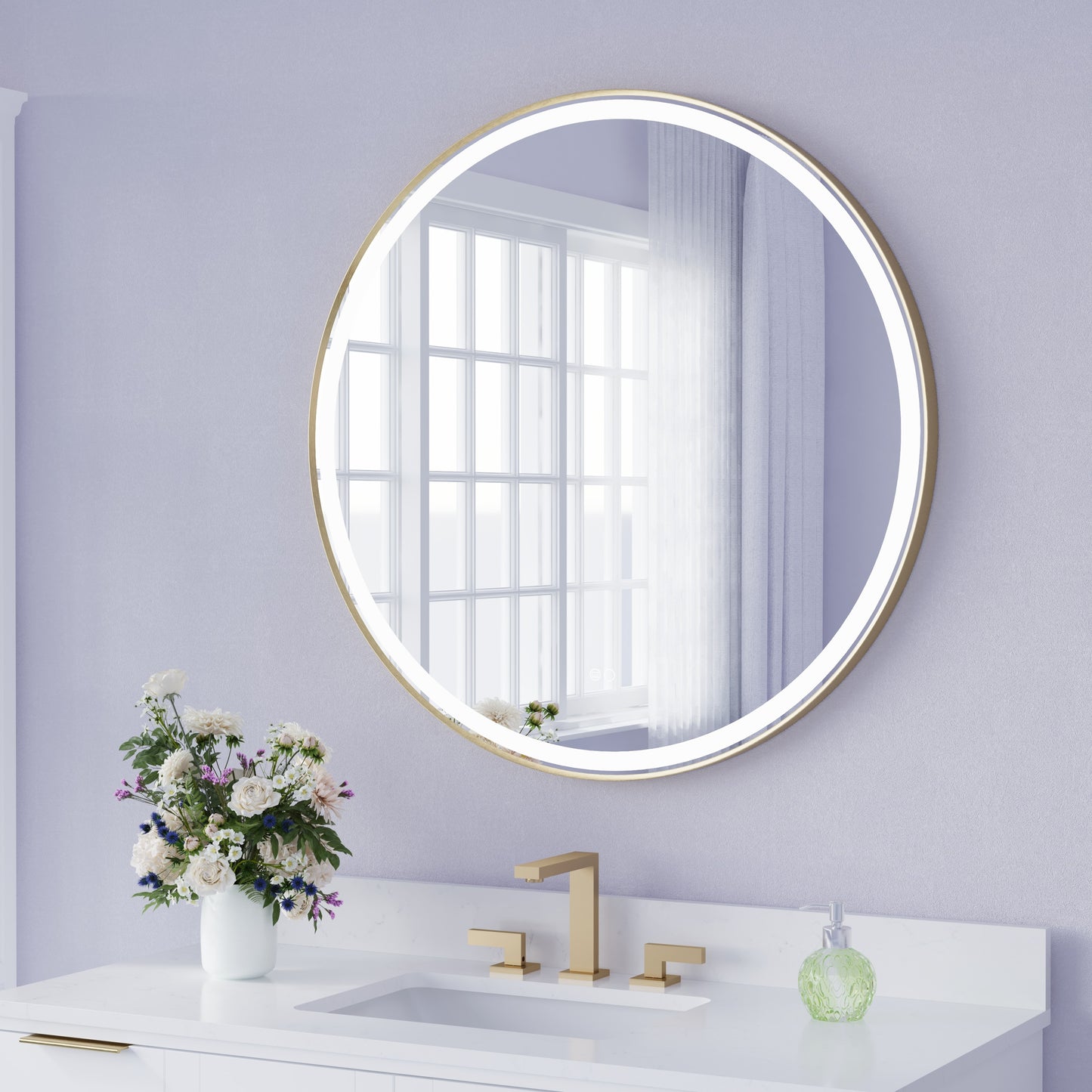 Forclover 36-in x 36-in Framed Round Dimmable LED Lighted Fog Free Bathroom Vanity Mirror ( Gold Framed )