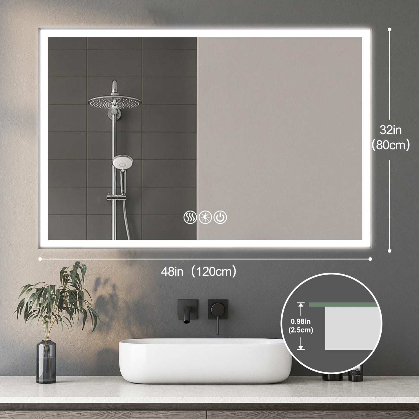 Forclover 48-in x 32-in Framed Rectangle Dimmable LED Lighted Fog Free Bathroom Vanity Mirror ( Silver )