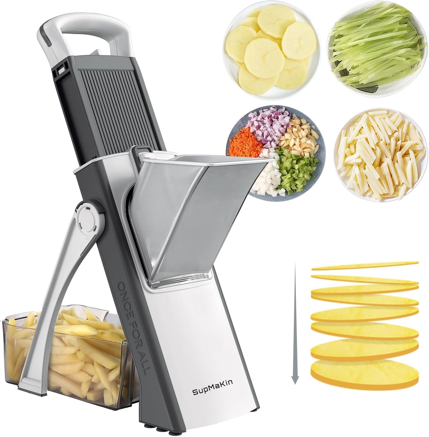 SupMaKin Upgrade Safe Mandoline Slicer, Multi Vegetable Chopper, Potato Slicer, Vegetables Slicer Onion Chopper Fry Cutter, Kitchen Chopping Artifact (GrayWhite)