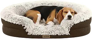 Fluffy Orthopedic Dog Bed for Small & Medium Dogs, Calming Plush Sofa Bed with Curved Bolster Support and Egg-Crate Foam Base, 35" Cozy Oval Pet Donut Bed with Washable Cover, Coffee