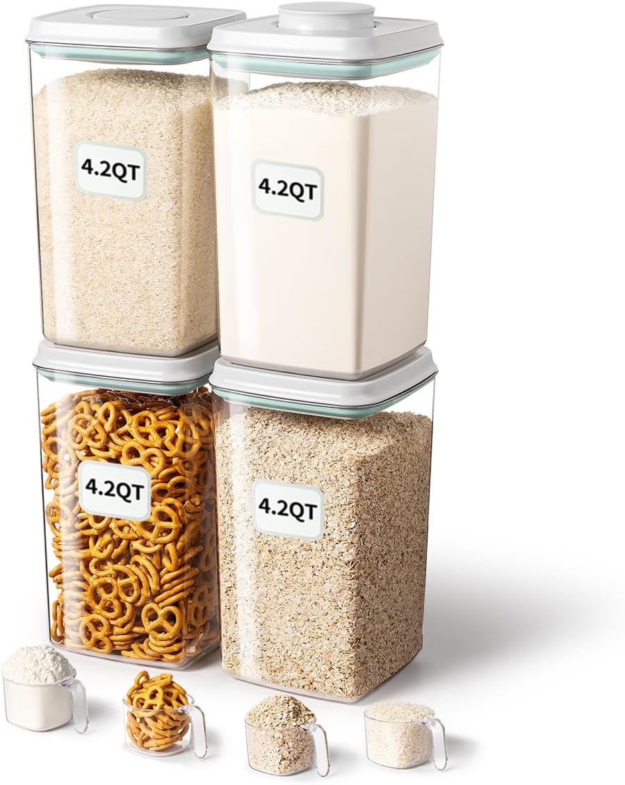 Ankou Airtight Food Storage Container with Pop Lid & 130ml Scoop, 4L\/4.2qt *4 BPA-Free Cereal, Rice, Flour, Pasta & Snack Container, Stackable & Durable,Kitchen Pantry Organizer