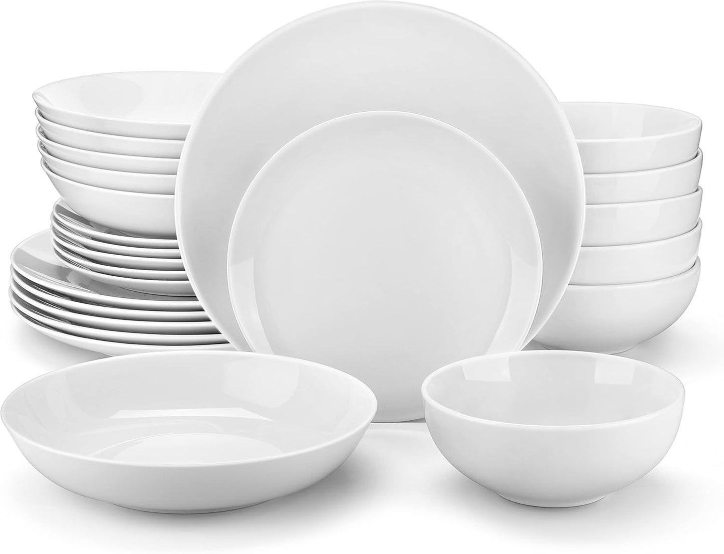 MALACASA 24-Piece Gourmet Porcelain Dinnerware Sets, Modern White Round Dish Set for 6 - Premium Serving Plates and Bowls Sets for Dessert, Salad, Soup, Pasta - Series AMELIA