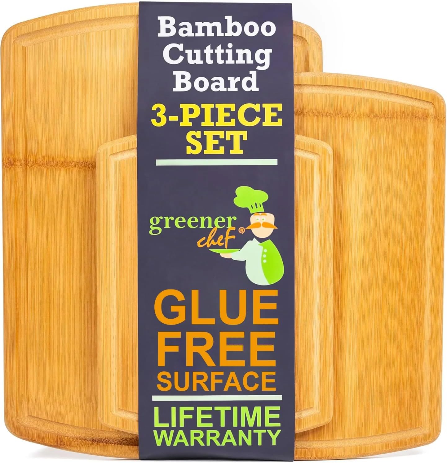 FSC® Certified Extra Large Bamboo Cutting Board Set of 3 \u2013 Featuring Glue-Free Surface™ Non Toxic Wood Cutting Boards for Safer Family Cooking and Lifetime Replacements for Peace of Mind