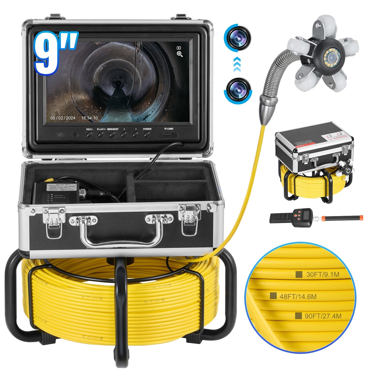 VEVOR Sewer Camera with 512Hz Locator 165 ft/50 m Self-Leveling Drain Inspection Camera with 9in 1080P HD Screen 36X Zoom Snake Plumbing Camera with Lights-12 LED 32GB SD Card for Duct Pipe