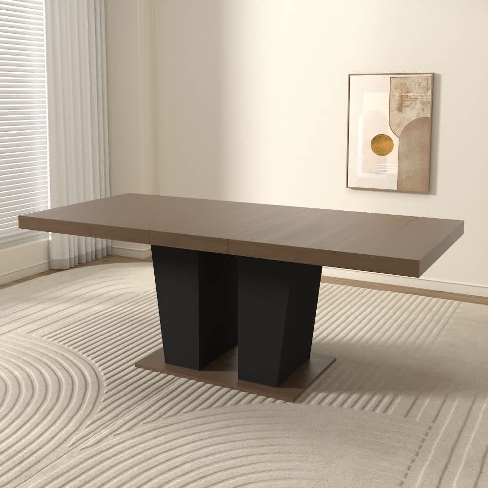 Coolbibila Modern Extendable Dining Table Large Rectangular Wooden Kitchen Table with Black Dual Pedestal Base