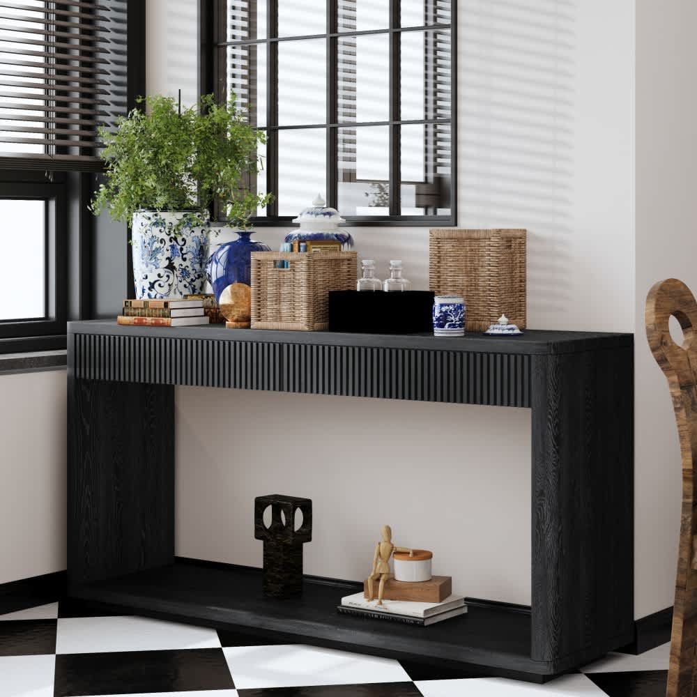 Coolbibila Modern 60 Inch Black Wood Veneer Console Table with 2 Drawers Rectangular Sofa Entryway Table