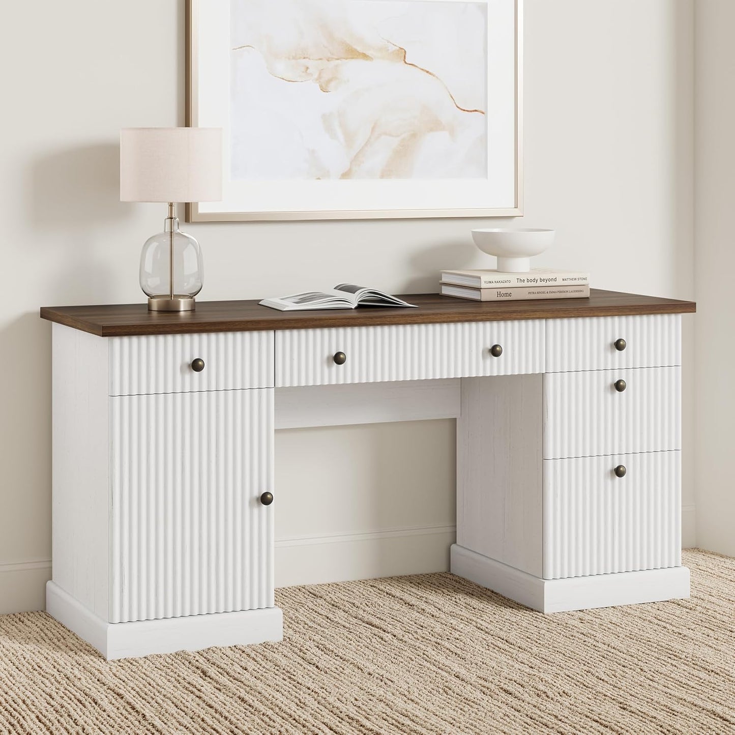 WhizMax 60 inch Modern Fluted Home Office Desk with Charging Station Wooden Computer Writing Desk with File Drawers for Study Room Office Home Brown White