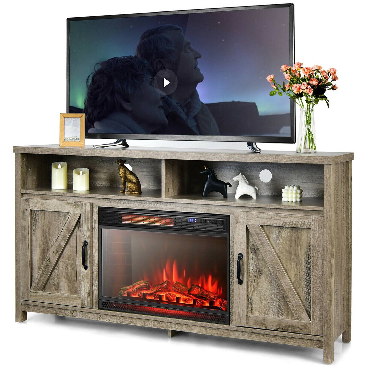 Costway 1350W Electric Fireplace Heater With 59 inches Fireplace TV Stand Natural