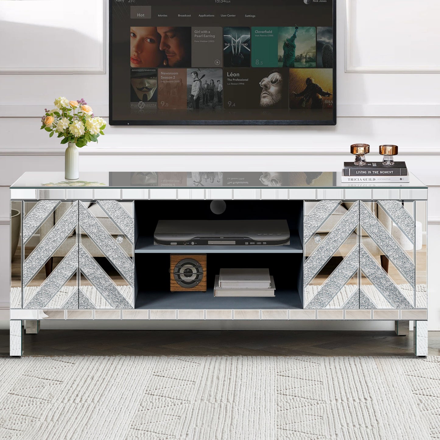 GDFStudio Mirrored TV Stand for 65+ Inches TV Sliver TV Console Table with Open Storage and 2 Storage Cabinets M Shape Sparkling Mirror Doors for Living Room