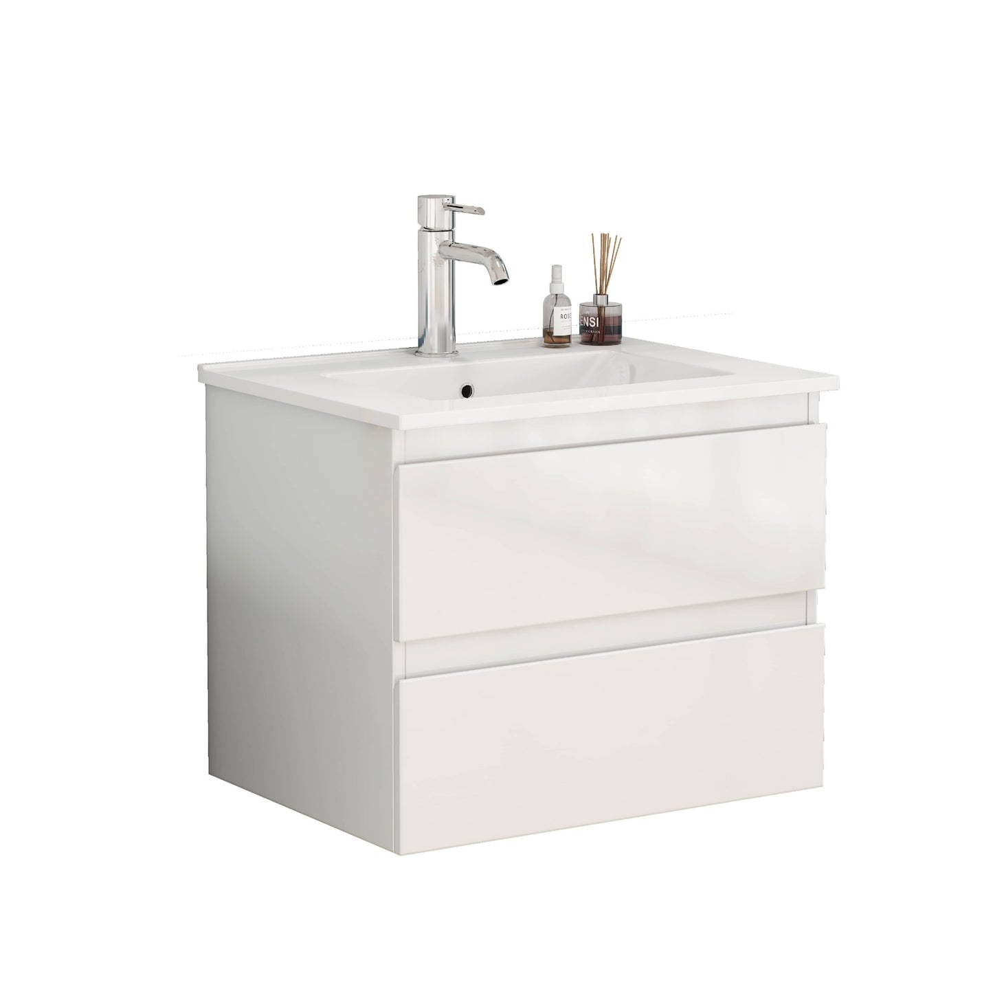 Vynxaria 24 in 1 Sink All-in-One Vanity Glossy White Bath Vanity with White Ceramic Top Soft Close Handle-Free