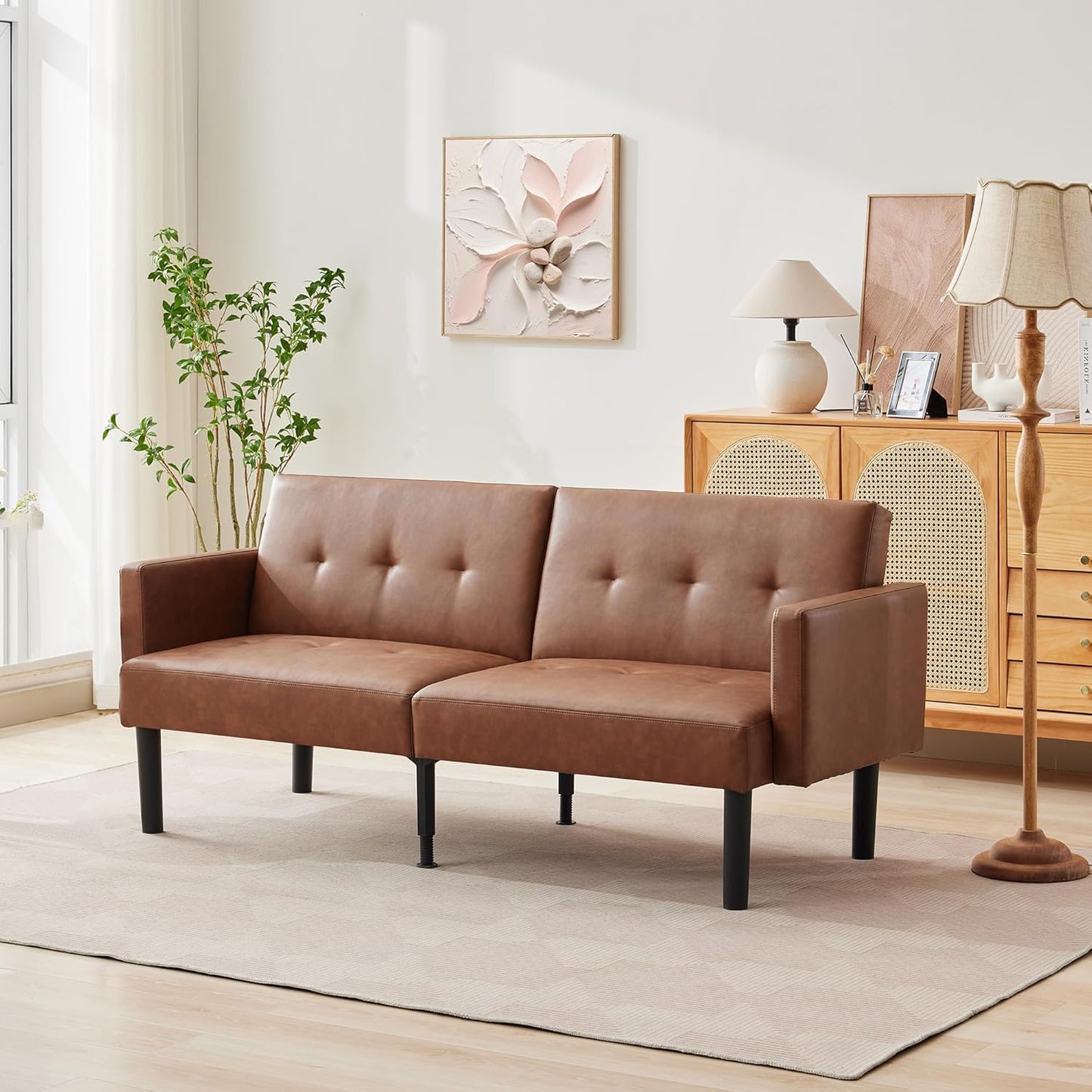 WhizMax Futon Sofa Bed - Compact Loveseat - Modern Mid Century Sleeper Sofa - Convertible Couch - Living Room Couches - PU Brown