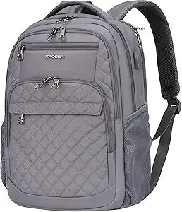 KROSER Travel Laptop Backpack 17 Inch Large Computer Backpack Water-Repellent Daypack with USB Charging Port & Headphone Interface RFID Pockets for Work/Business/College/Men/Women Dark grey(Quilted)