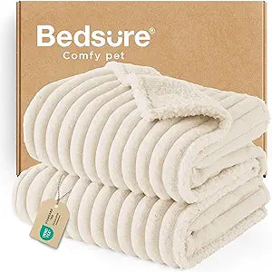 Bedsure ComfyFleece Waterproof Dog Blankets for Large Dogs - Soft Pet Cat Blanket Corduroy Fleece for Bed Protector Washable, Cozy Calming Reversible Furniture Protection,60"x80", Cream