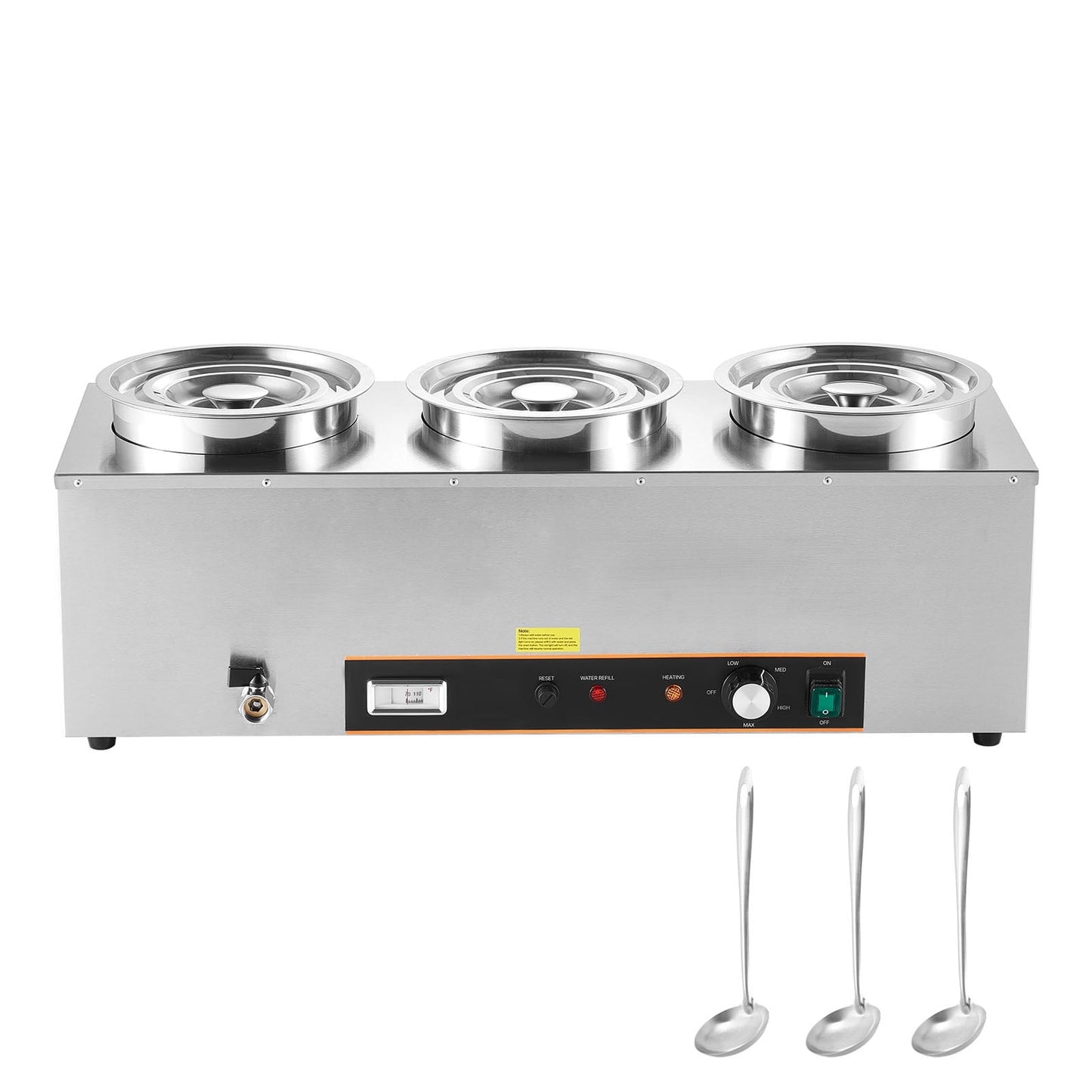 KFFKFF Commercial Soup Warmer, Electric Food Warmer Steam Table Countertop Bain Marie Three 6.34QT Stainless Steel Round Pot,86~185°F Adjustable Temp,1500W