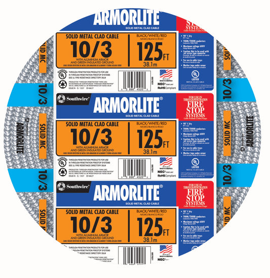 Southwire Armorlite 125-ft 10 / 3 Solid Aluminum MC (Metal Clad) Cable