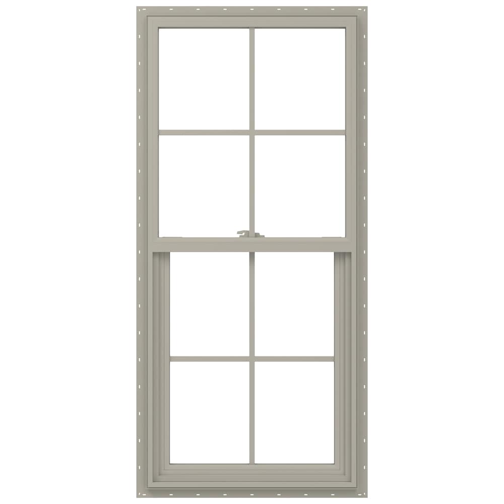 JELD-WEN V-2500 27-1/2-in x 51-1/2-in Desert Sand Exterior Vinyl New Construction Single Hung Window Low-E argon Double Pane Glass with Grids, (Half Screen Included)