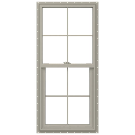 JELD-WEN V-2500 27-1/2-in x 51-1/2-in Desert Sand Exterior Vinyl New Construction Single Hung Window Low-E argon Double Pane Glass with Grids, (Half Screen Included)