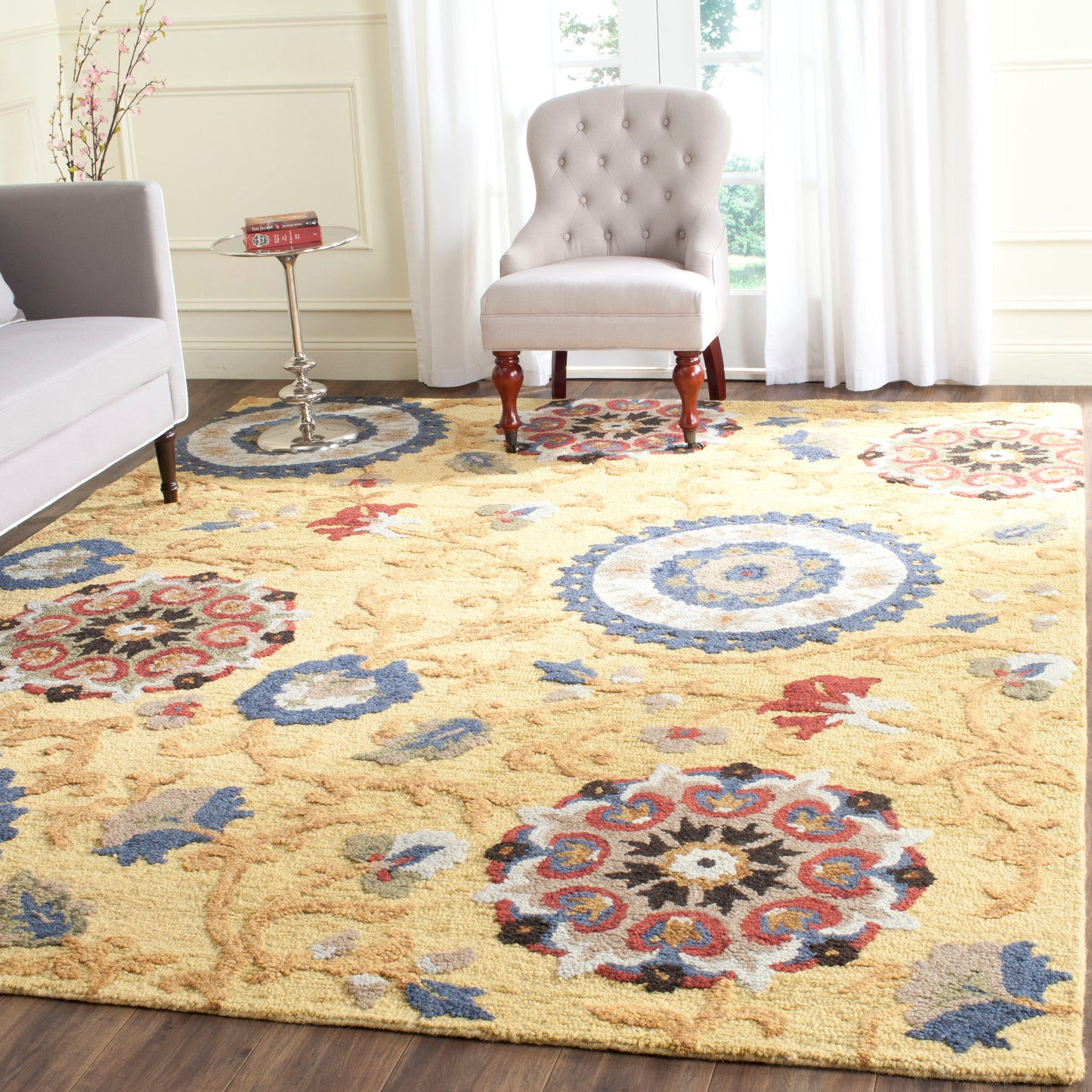 Safavieh Blossom Strasburg 9 x 12 (ft) Tufted Wool Gold/Multi Rectangular Indoor Floral/Botanical Farmhouse/Cottage Spot Clean Only Area rug