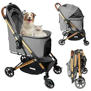Foldable Pet Stroller for Dogs and Cats, 27.55x19.68x40.55, 33 lbs Capacity, 360Â° Swivel Front Wheels, One-Click Fold, Leash & Lock Clips, Removable Washable Padding, Cup Holder (Gray, 33 lbs)