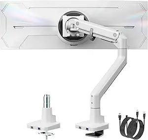 monTEK Single Monitor Arm with USB A/C, Ultrawide Monitor Stand for 17 to 57 Inch Curved Screen, Holds 59.4 lbs, Adjustable Gas Spring Arm, 75/100 VESA Mount, Clamp & Grommet Desk Mount, White