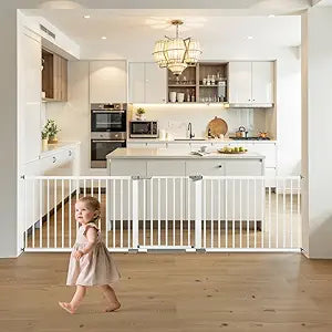 (60.5-113 in Width) Extra Long Baby Gate with Door, Large Dog Gate Indoor, Extra Wide Baby Gates for Doorways, Child Proof Gate, Kiddie Gates. White, Dog Gates for The House. Extra Tall Pet Gate.