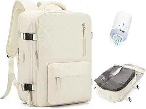 Travel Vacuum Storage Backpack with Air Pump Vacuum Seal Compression Space Saver Bags Clothing Vacpack 18x14x8 inches Travel Bag Carry on Personal item Laptop Work Backpacks Women Men Beige