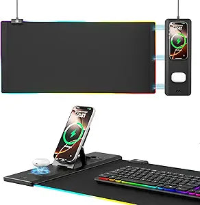 KDD Mouse Pad with Foldable Phone Holder - Wireless Charging Desk Mat 15W Fast - RGB Gaming Mousepad with Ultra-Smooth Surface, Non-Slip Base - Keyboard Mat for Home Office Gamer Desk Accessories