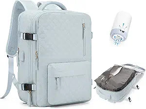 WONHOX Travel Vacuum Storage Backpack with Air Pump Vacuum Seal Compression Space Saver Bags Clothing Vacpack 18x14x8 inches Travel Bag Carry on Personal item Laptop Work Backpacks Women LightBlue