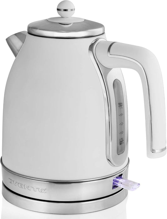 OVENTE 1.7L Electric Kettle, 1500W Fast Boiling Water Heater for Coffee or Tea with Stainless Steel BPA-Free and Cordless Body, Auto Shut-Off, Boil-Dry Protection and Removable Filter, White KS777W