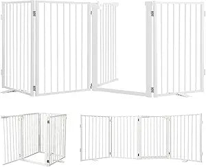 Snagle Paw Metal Freestanding Dog Gate with Door, 80â€ W x 24â€ H Dog Fence with Support Feet for Doorways, Stairs and Hallways, Portable Pet Gate for Indoor Use (4 Panel, White)
