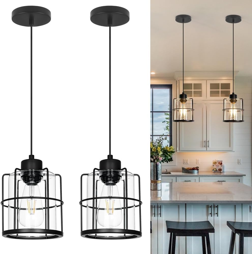 Industrial Black Pendant Lights Kitchen Island, Glass Bathroom Pendant Light Set of 2, Modern Kitchen Pendant Lighting over Island with Adjustable Cord, Farmhouse Hanging Light for Dining Room Hallway