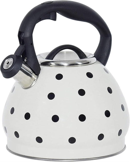 Polka Dot Tea Kettle Stovetop - 3.2 Quart Stainless Steel Whistling Kettle, Vintage Black & White Design, Gas & Electric Stove Safe