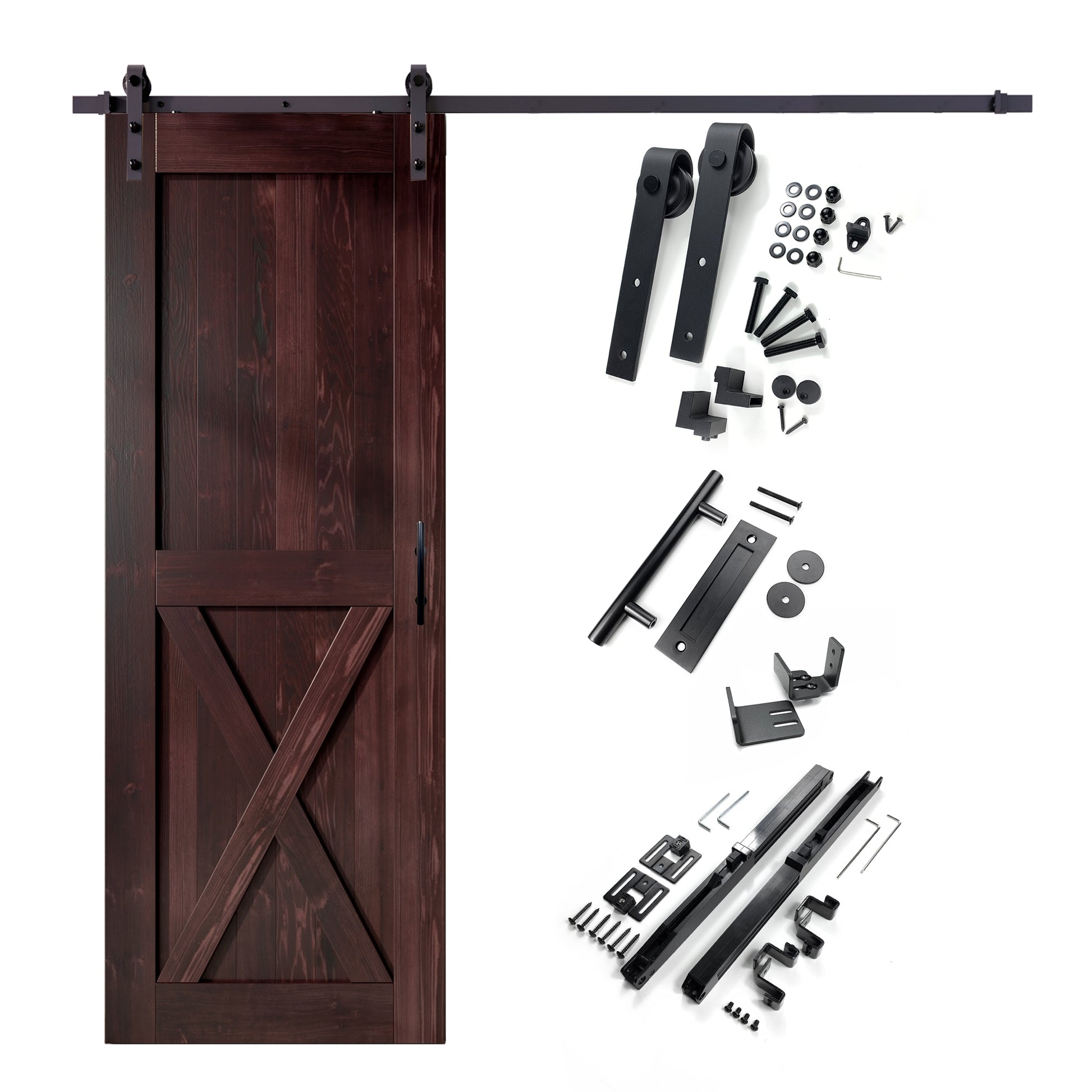 HOMACER 32-in x 84-in Red Mahogany X-frame Pine Wood Solid core Single Barn Door (Hardware Included)