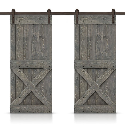 CALHOME 72-in x 84-in Weather gray Pine Wood Solid core Double Barn Door (Hardware Included)