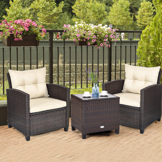 Forclover 3 -Piece Rattan Patio Conversation Set with Off-white Cushions