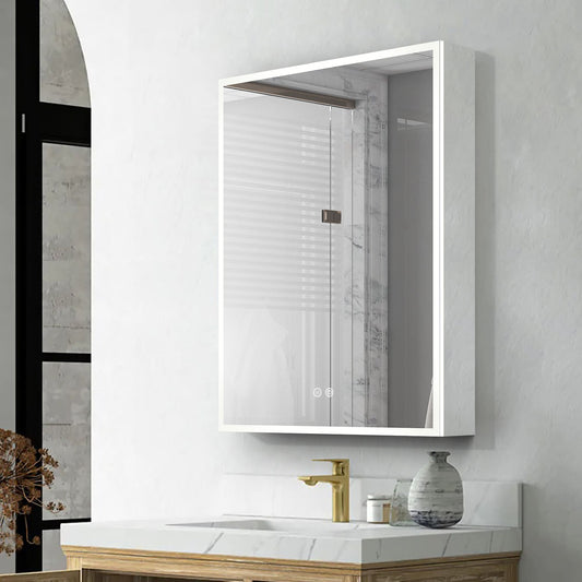 Forclover 24-in x 30-in Lighted LED Fog Free Surface/Recessed Mount Silver Mirrored Rectangle Soft Close Medicine Cabinet with Outlet