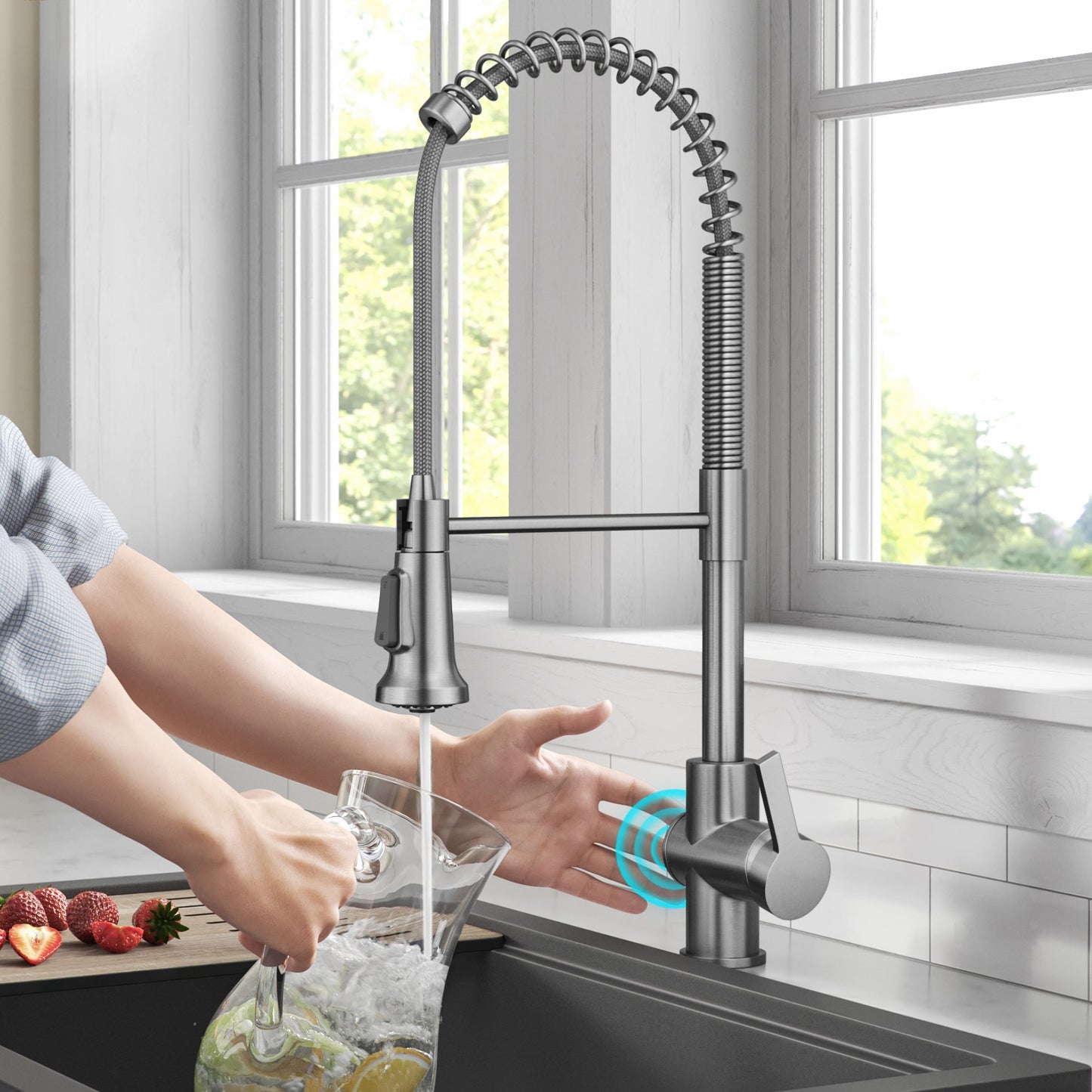 Kraus Britt Spot Free Stainless Steel Single Handle Deck-mount Touchless Pull-down Kitchen Faucet with Sprayer