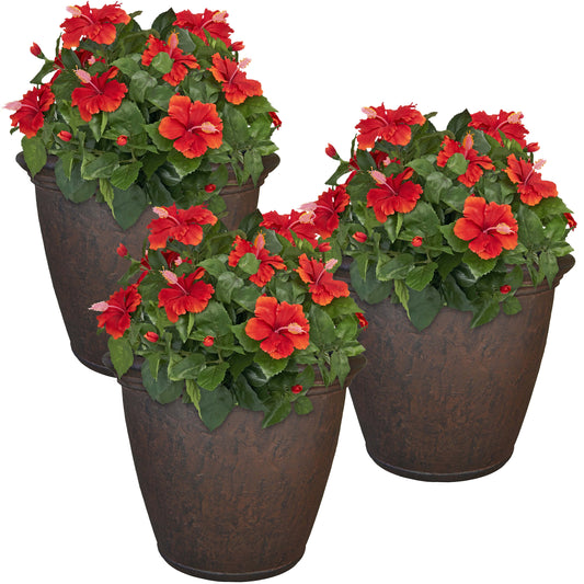 Sunnydaze Decor 3 -Pack Round 14.5-in W x 24.0-in L Brown Resin Indoor/Outdoor Planter