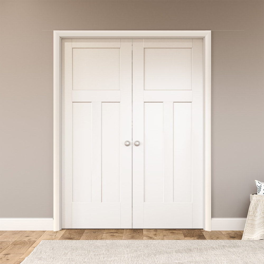 Masonite 60-in x 80-in Primed Solid core 3-panel Bi-parting Smooth Primed Molded composite Flat Jamb Double Prehung Interior Door with