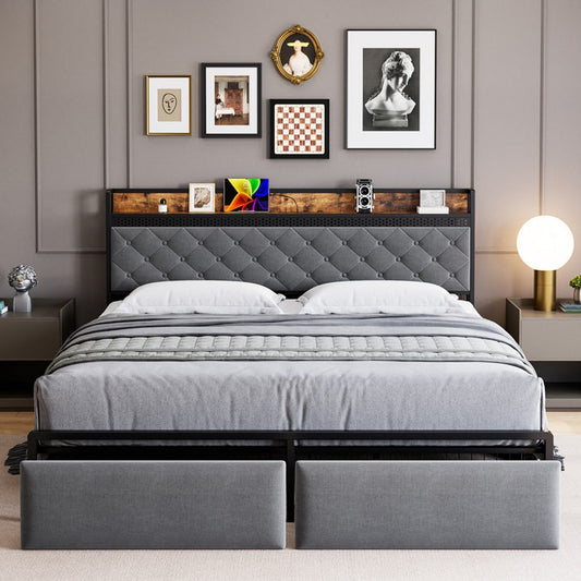 Garvee Queen Gray Metal Platform Bed Storage with Headboard
