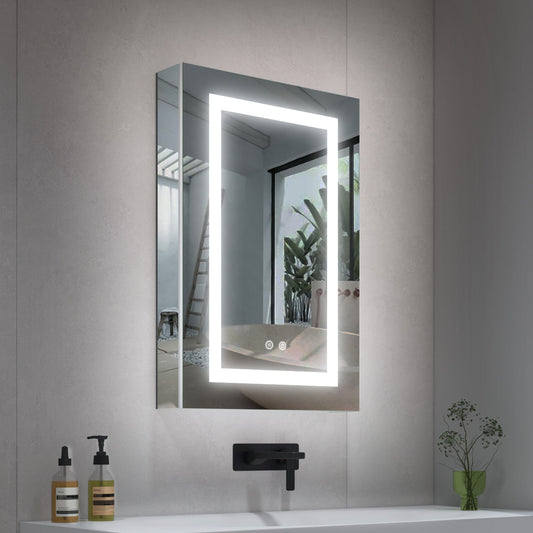 Forclover 20-in x 30-in Lighted LED Fog Free Surface/Recessed Mount Silver Rectangle Soft Close Medicine Cabinet with Outlet