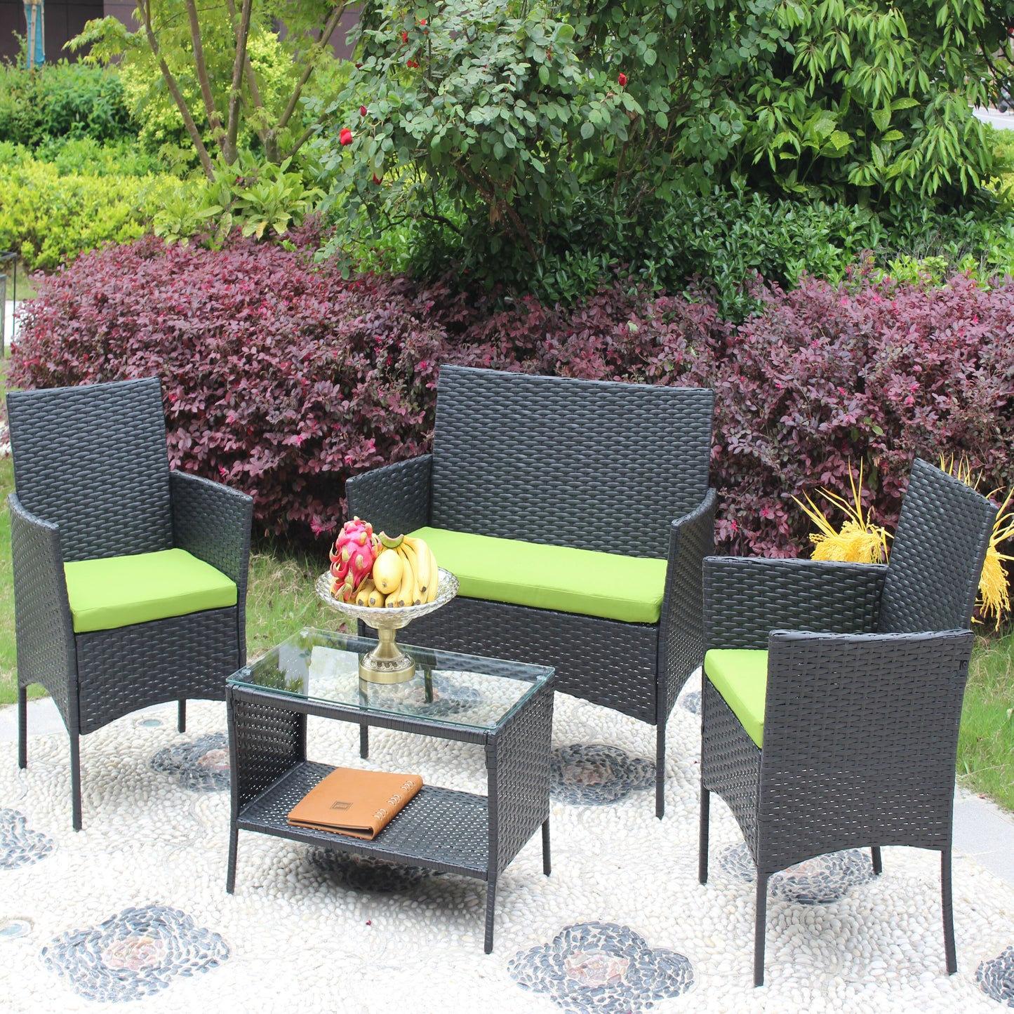 Mondawe 3 -Piece Rattan Patio Conversation Set with Green Cushions