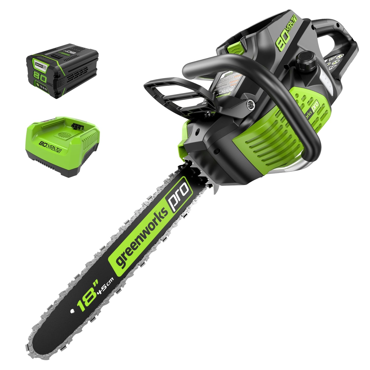 Greenworks Pro 80-volt 18-in Battery 2 Ah Chainsaw Battery Included Charger Included