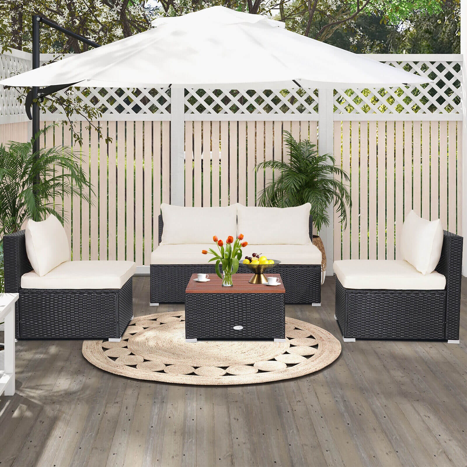 Forclover 5 -Piece Rattan Patio Conversation Set with White Cushions