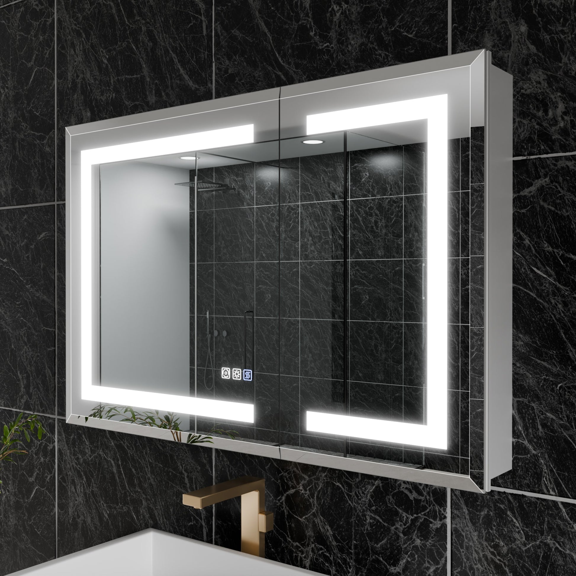 WELLFOR HH Beveled LED Lighted Medicine Cabinet 36-in x 24-in Lighted LED Fog Free Surface/Recessed Mount Silver Mirrored Rectangle Soft Close Medicine Cabinet