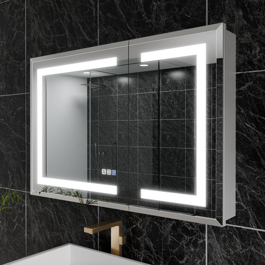 WELLFOR HH Beveled LED Lighted Medicine Cabinet 36-in x 24-in Lighted LED Fog Free Surface/Recessed Mount Silver Mirrored Rectangle Soft Close Medicine Cabinet
